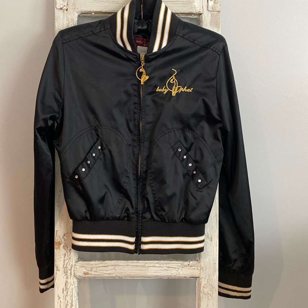 Baby Phat Black And Gold Satin Bomber Jacket